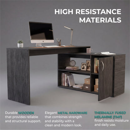 Tuhome Axis Modern L-Shaped Computer Desk with Spacious Work Surface, Open Shelving, Closed Storage Cabinet with Interior Shelves, Contemporary Corner Desk for Home Office Organization and Efficient Work-From-Home Setups