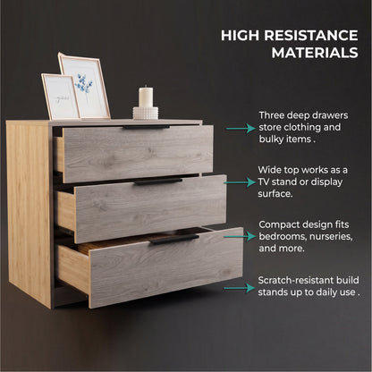 TUHOME Kaia 3 Drawers Dresser, Superior Top, Light Gray, CLZ6591