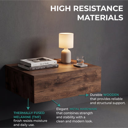 TUHOME Milano Floating Nightstand with Wall-Mounted Design, Spacious Storage Drawer and Upper Display Surface Offering Minimalist Space-Saving Organization and Durable Engineered Wood Construction for Modern Bedroom Interiors