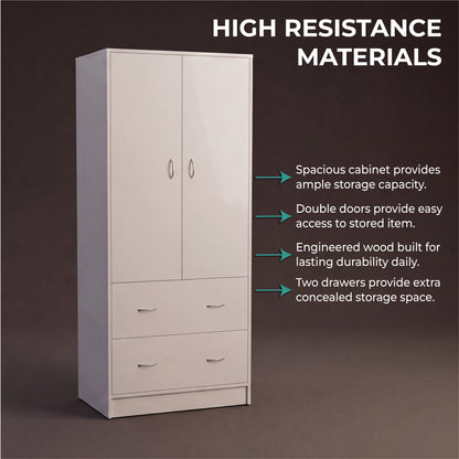 Taly 2-Door Armoire with Two Drawers and Hanging Rod, Spacious Wardrobe Storage Cabinet for Clothing, Accessories and Daily Essentials, Functional Vertical Closet Organizer for Bedrooms and Dressing Spaces