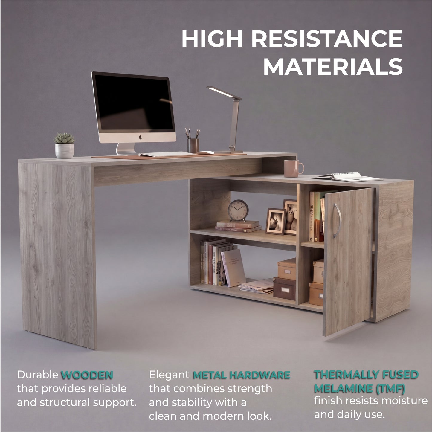 Tuhome Axis Modern L-Shaped Computer Desk with Spacious Work Surface, Open Shelving, Closed Storage Cabinet with Interior Shelves, Contemporary Corner Desk for Home Office Organization and Efficient Work-From-Home Setups