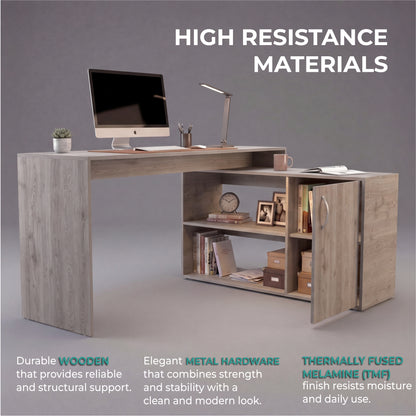 Tuhome Axis Modern L-Shaped Computer Desk with Spacious Work Surface, Open Shelving, Closed Storage Cabinet with Interior Shelves, Contemporary Corner Desk for Home Office Organization and Efficient Work-From-Home Setups