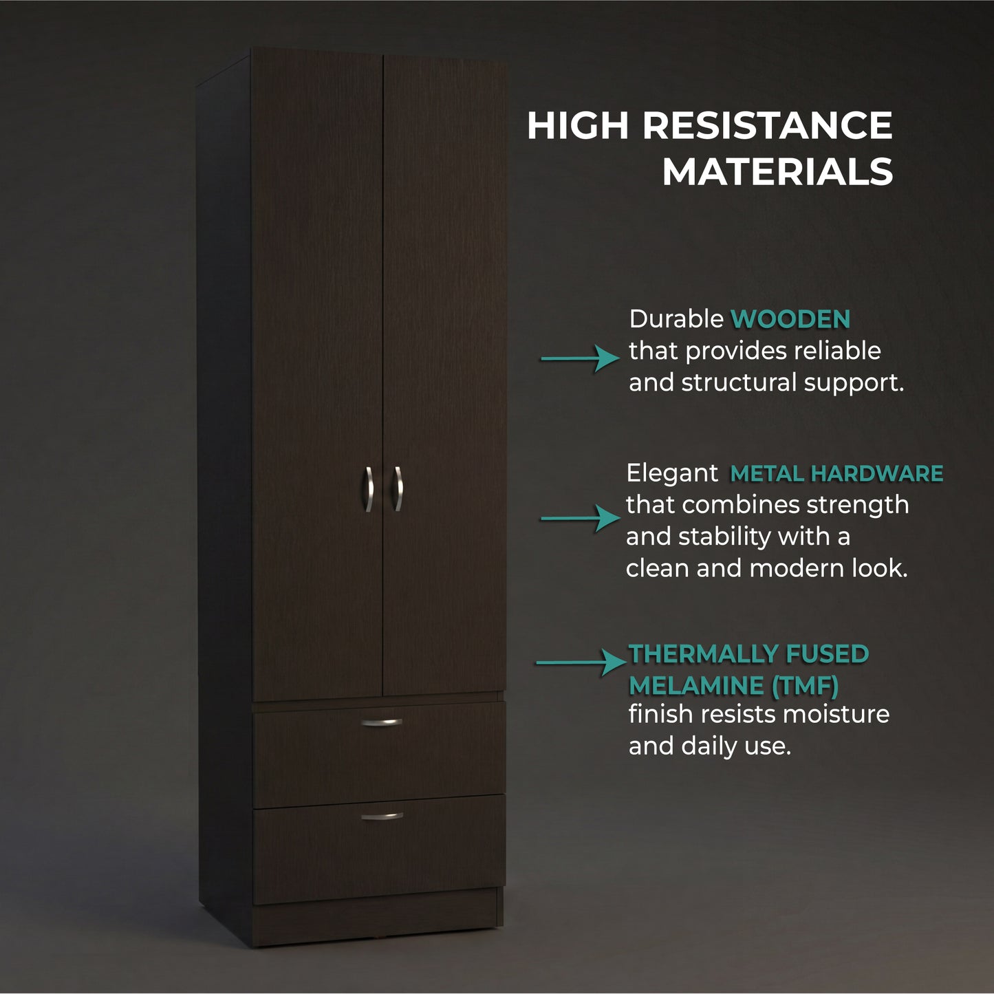 Vico 76-Inch High Armoire Wardrobe Closet with Double Door Cabinet, Two Spacious Drawers, Internal Shelf, Hanging Rod, Multi-Section Clothing Organizer for Bedroom Storage and Freestanding Clothes Organization
