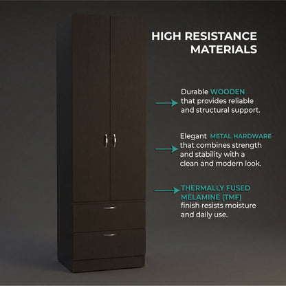 Vico 76-Inch High Armoire Wardrobe Closet with Double Door Cabinet, Two Spacious Drawers, Internal Shelf, Hanging Rod, Multi-Section Clothing Organizer for Bedroom Storage and Freestanding Clothes Organization