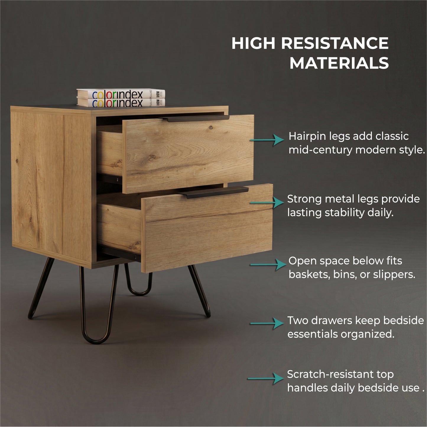 Tuhome Augusta 2 Nightstand with Two Spacious Drawers, Compact Bedroom Storage Cabinet, Modern Functional Bedside Table for Organizing Essentials, Durable Design for Small Spaces, Contemporary Nightstand Solution