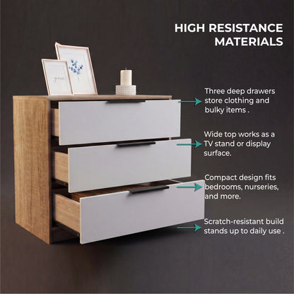 Tuhome Kaia 3 Drawers Dresser with Spacious Storage, Modern Superior Top for Décor, Functional Bedroom Organizer for Clothing and Essentials, Contemporary Space-Saving Furniture with Smooth Metal Hardware