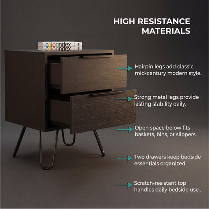 Tuhome Augusta 2 Nightstand with Two Spacious Drawers, Compact Bedroom Storage Cabinet, Modern Functional Bedside Table for Organizing Essentials, Durable Design for Small Spaces, Contemporary Nightstand Solution
