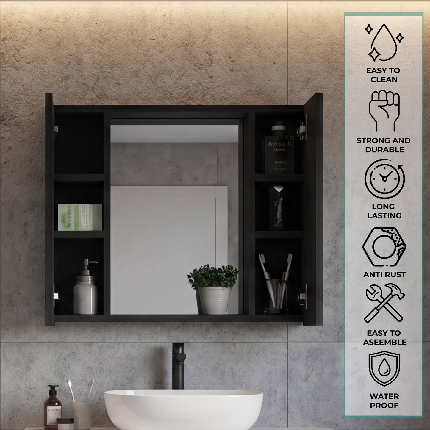 Tuhome Artemisa Medicine Cabinet with Integrated Mirror, Six Interior Storage Shelves, Secure Double-Door Design, Space-Saving Wall Cabinet for Organized Bathrooms and Daily Essentials.