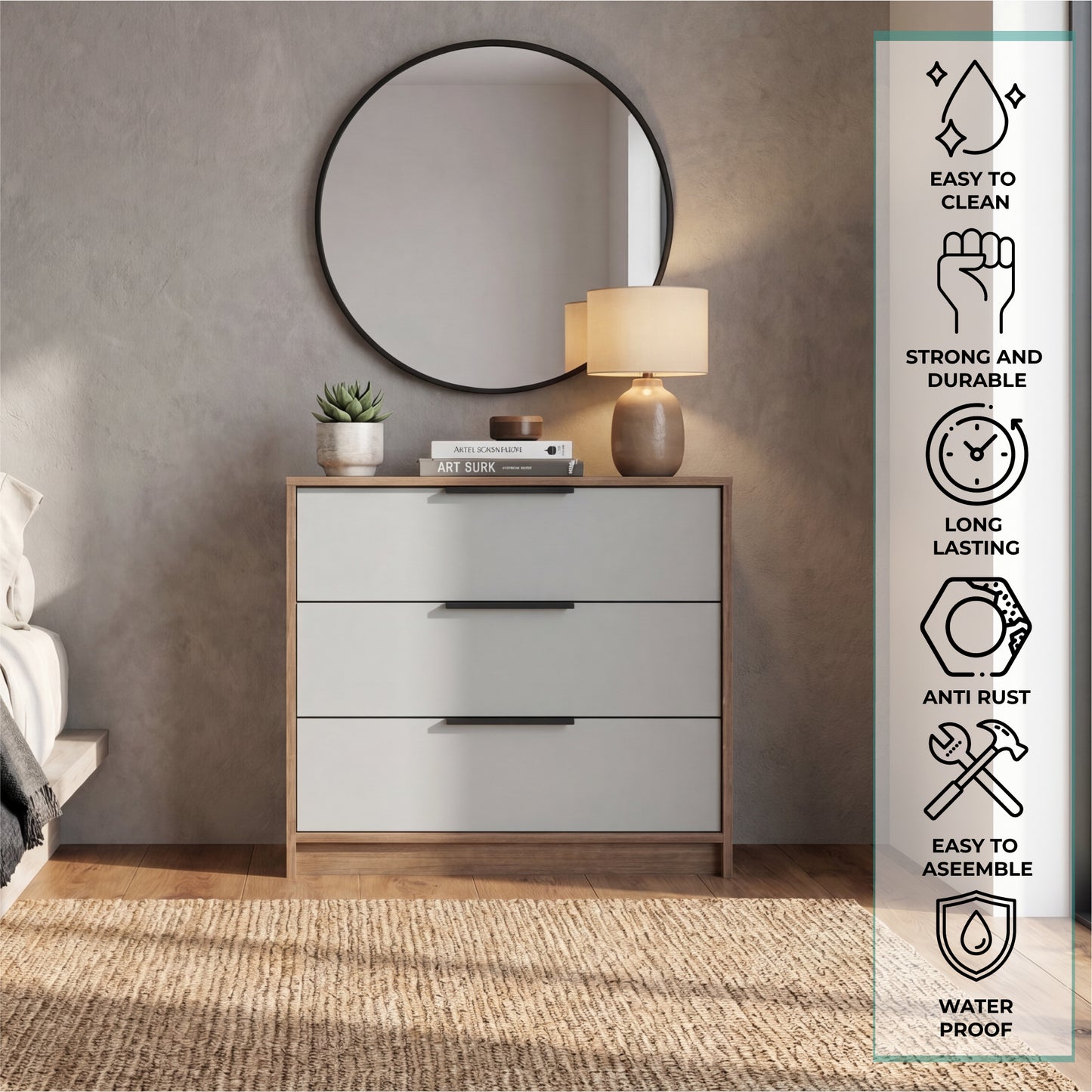 Tuhome Kaia 3 Drawers Dresser with Spacious Storage, Modern Superior Top for Décor, Functional Bedroom Organizer for Clothing and Essentials, Contemporary Space-Saving Furniture with Smooth Metal Hardware