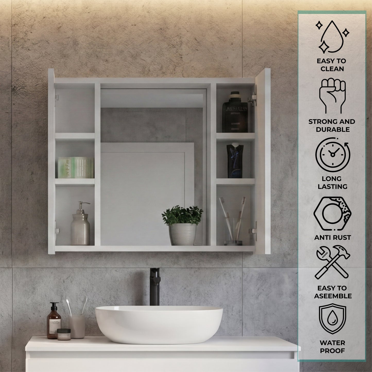 Tuhome Artemisa Medicine Cabinet with Integrated Mirror, Six Interior Storage Shelves, Secure Double-Door Design, Space-Saving Wall Cabinet for Organized Bathrooms and Daily Essentials.