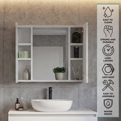 Tuhome Artemisa Medicine Cabinet with Integrated Mirror, Six Interior Storage Shelves, Secure Double-Door Design, Space-Saving Wall Cabinet for Organized Bathrooms and Daily Essentials.