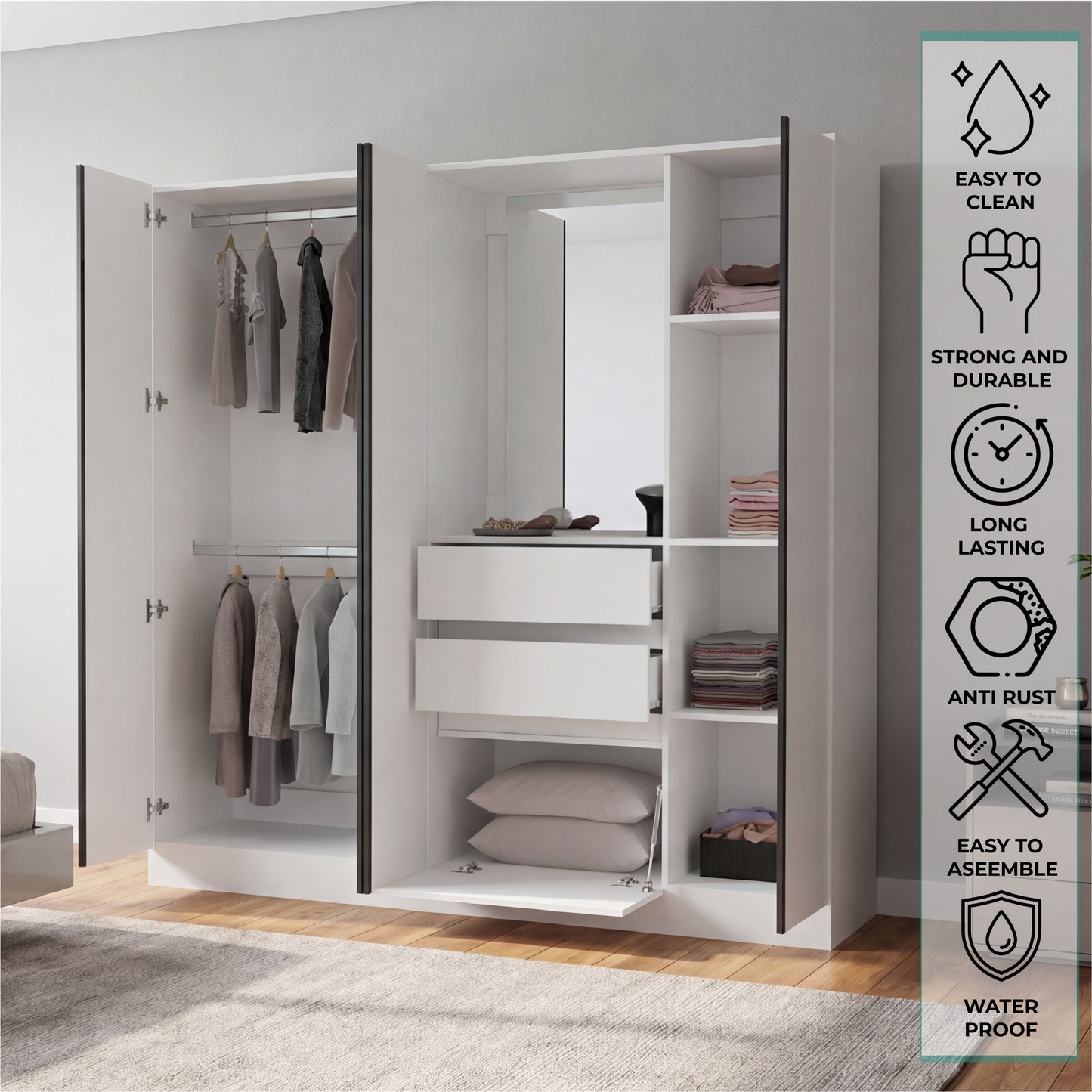 Kamelot Practical and Elegant Freestanding Armoire Wardrobe Double Door Design with Spacious Interior Featuring Hanging Rod and Interior Shelving for Comprehensive Bedroom Storage Solution