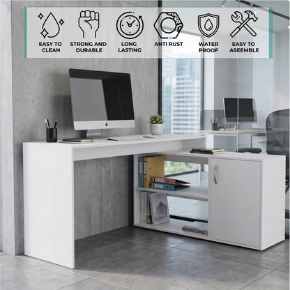 Tuhome Axis Modern L-Shaped Computer Desk with Spacious Work Surface, Open Shelving, Closed Storage Cabinet with Interior Shelves, Contemporary Corner Desk for Home Office Organization and Efficient Work-From-Home Setups