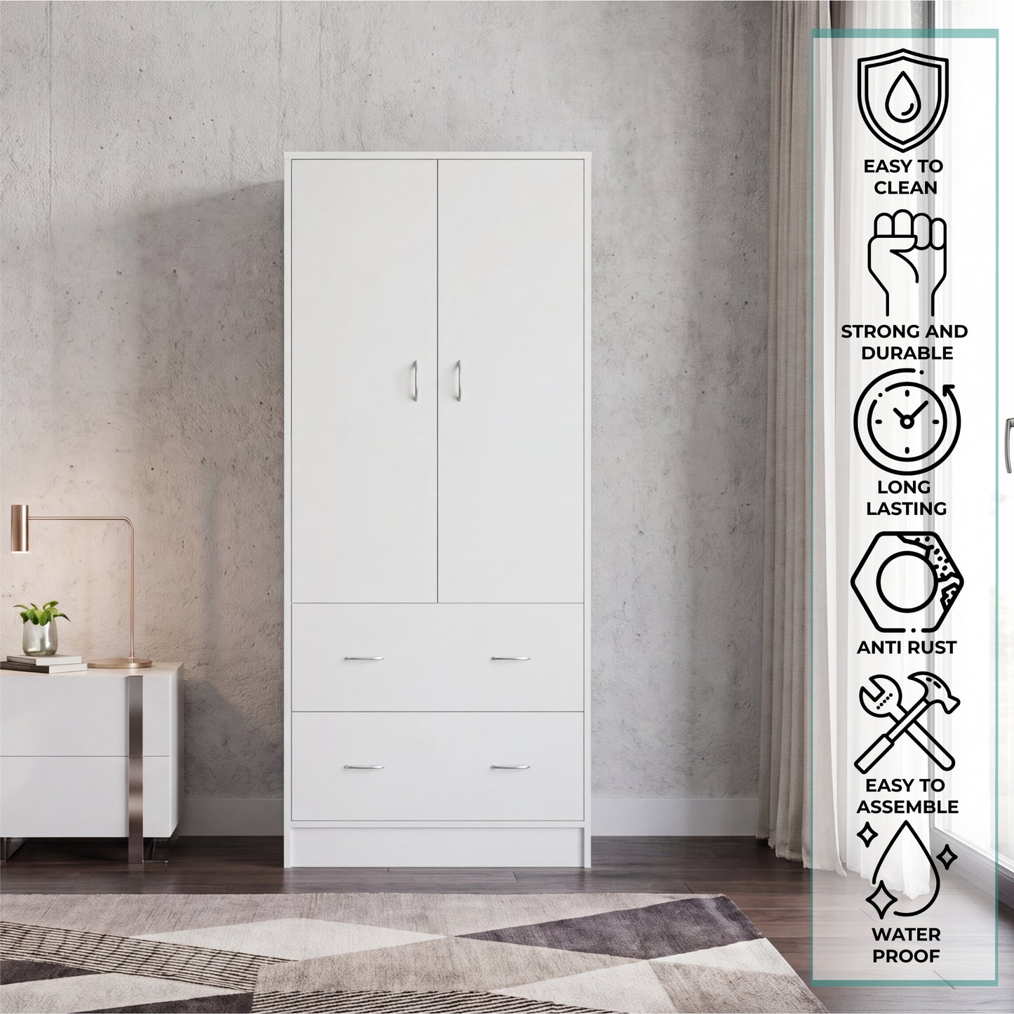 Taly 2-Door Armoire with Two Drawers and Hanging Rod, Spacious Wardrobe Storage Cabinet for Clothing, Accessories and Daily Essentials, Functional Vertical Closet Organizer for Bedrooms and Dressing Spaces