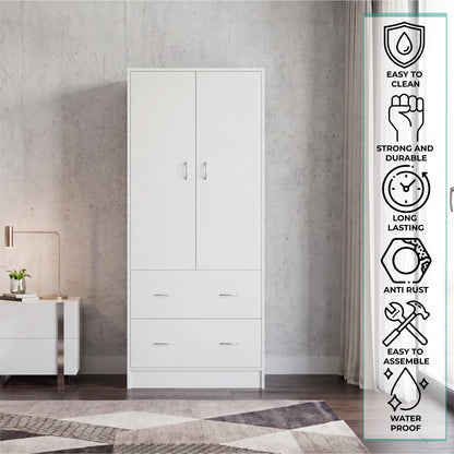 Taly 2-Door Armoire with Two Drawers and Hanging Rod, Spacious Wardrobe Storage Cabinet for Clothing, Accessories and Daily Essentials, Functional Vertical Closet Organizer for Bedrooms and Dressing Spaces