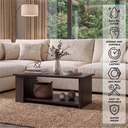 Dago Modern Coffee Table with Open Storage Shelf, Rectangular Center Table for Living Room, Apartment, Family Room or Lounge Area