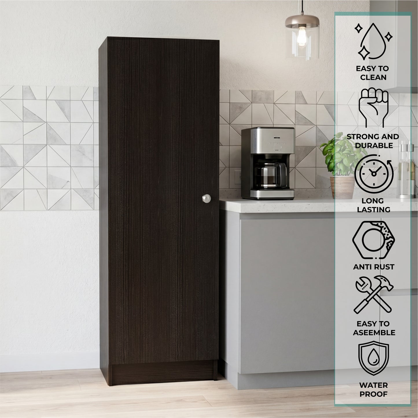 Tuhome Belleria Single Door Narrow Storage Cabinet and Pantry with 4 Interior Shelves, Slim Storage Unit for Kitchen, Bedroom, Office, or Living Room