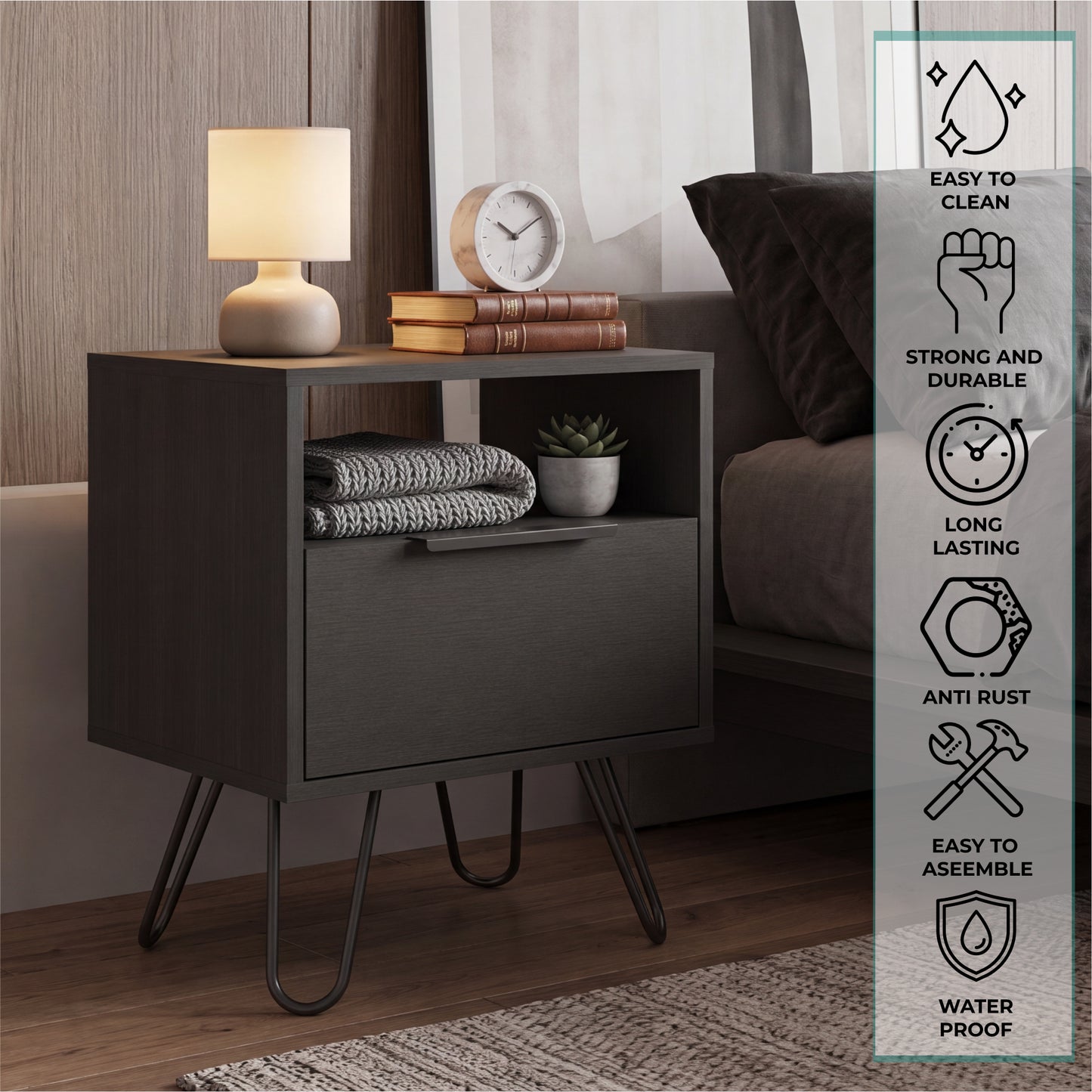 Tuhome Augusta Nightstand with Compact Modern Design, Spacious Storage Drawer and Open Shelf, Bedside Organization Solution for Small Bedrooms, Contemporary Functional Furniture to Enhance Comfort and Daily Use