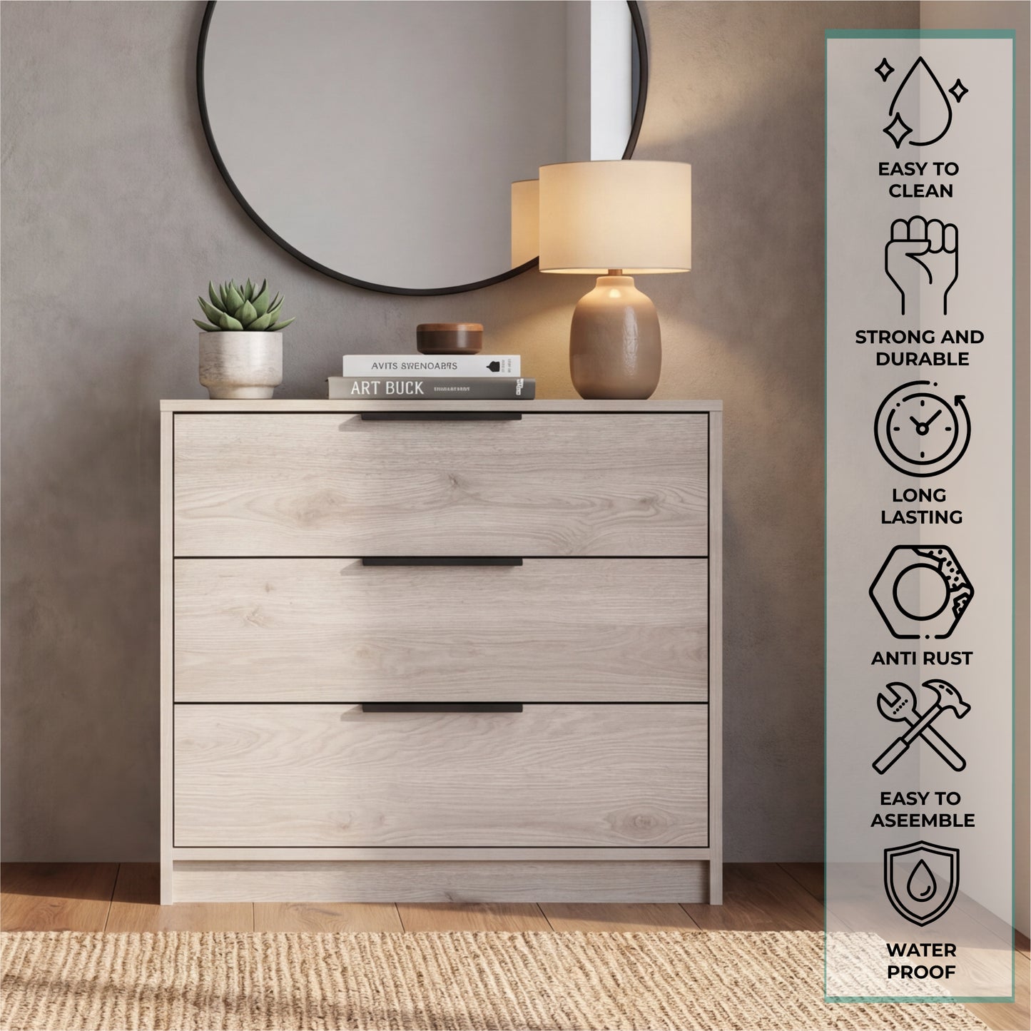 Tuhome Kaia 3 Drawers Dresser with Spacious Storage, Modern Superior Top for Décor, Functional Bedroom Organizer for Clothing and Essentials, Contemporary Space-Saving Furniture with Metal Hardware