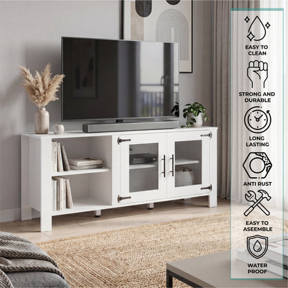 Freedom 65" TV Stand with 5 Open Shelves, 2 Doors, Modern Media Console for Living Room Entertainment Storage