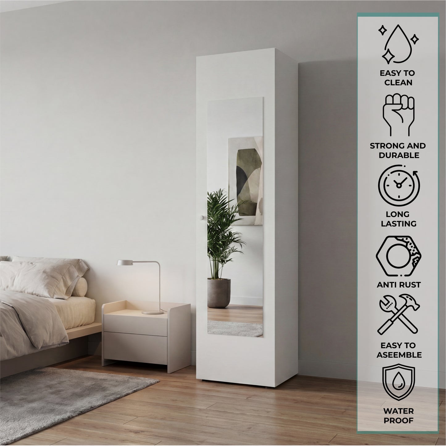 Home Linen Freestanding Tall Cabinet with Single Door with One Mirror and 4 Horizontal Storage Shelves, Cabinet for Bathroom, Bedroom or Laundry Room