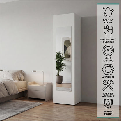 Home Linen Freestanding Tall Cabinet with Single Door with One Mirror and 4 Horizontal Storage Shelves, Cabinet for Bathroom, Bedroom or Laundry Room