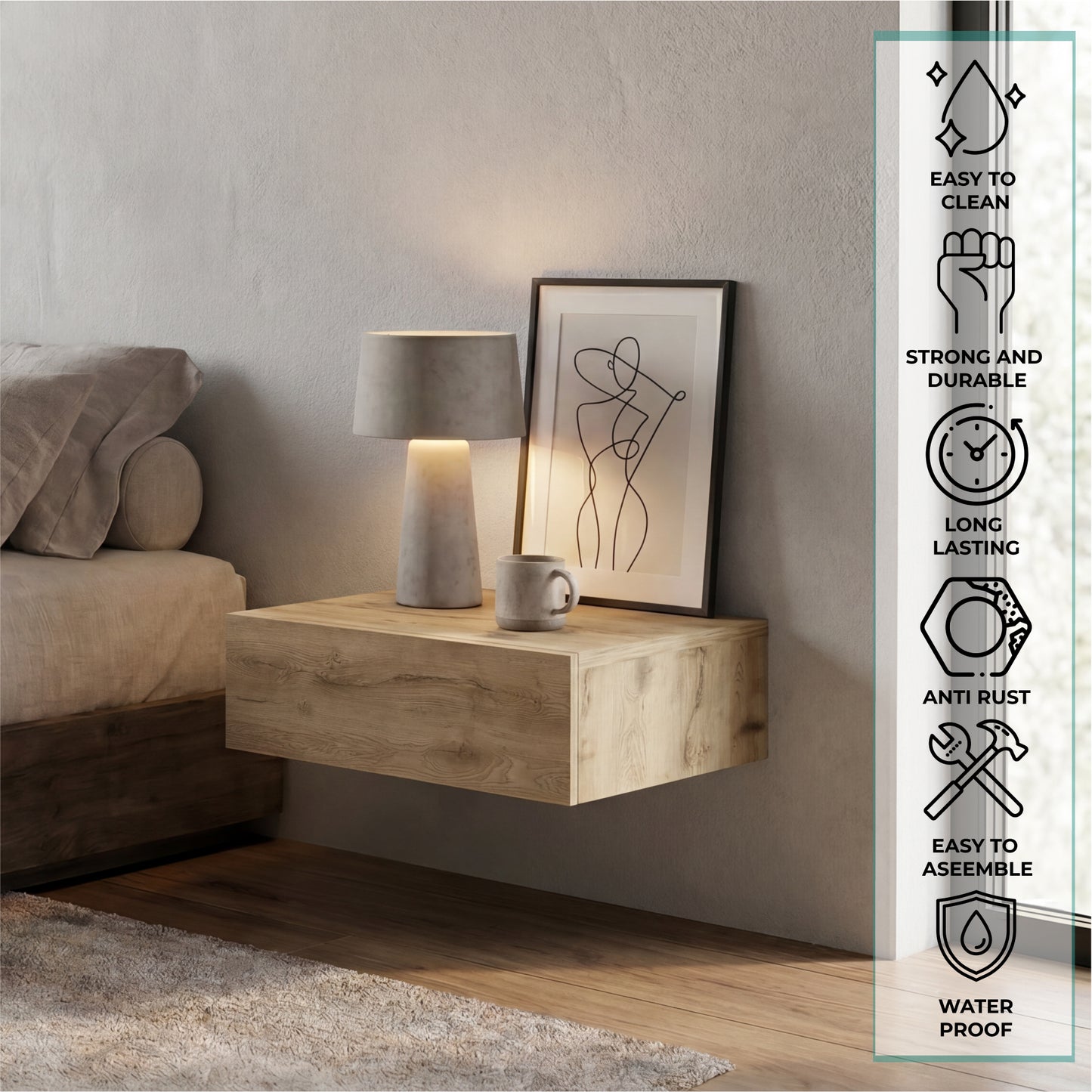 TUHOME Milano Floating Nightstand with Wall-Mounted Design, Spacious Storage Drawer and Upper Display Surface Offering Minimalist Space-Saving Organization and Durable Engineered Wood Construction for Modern Bedroom Interiors