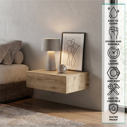 TUHOME Milano Floating Nightstand with Wall-Mounted Design, Spacious Storage Drawer and Upper Display Surface Offering Minimalist Space-Saving Organization and Durable Engineered Wood Construction for Modern Bedroom Interiors