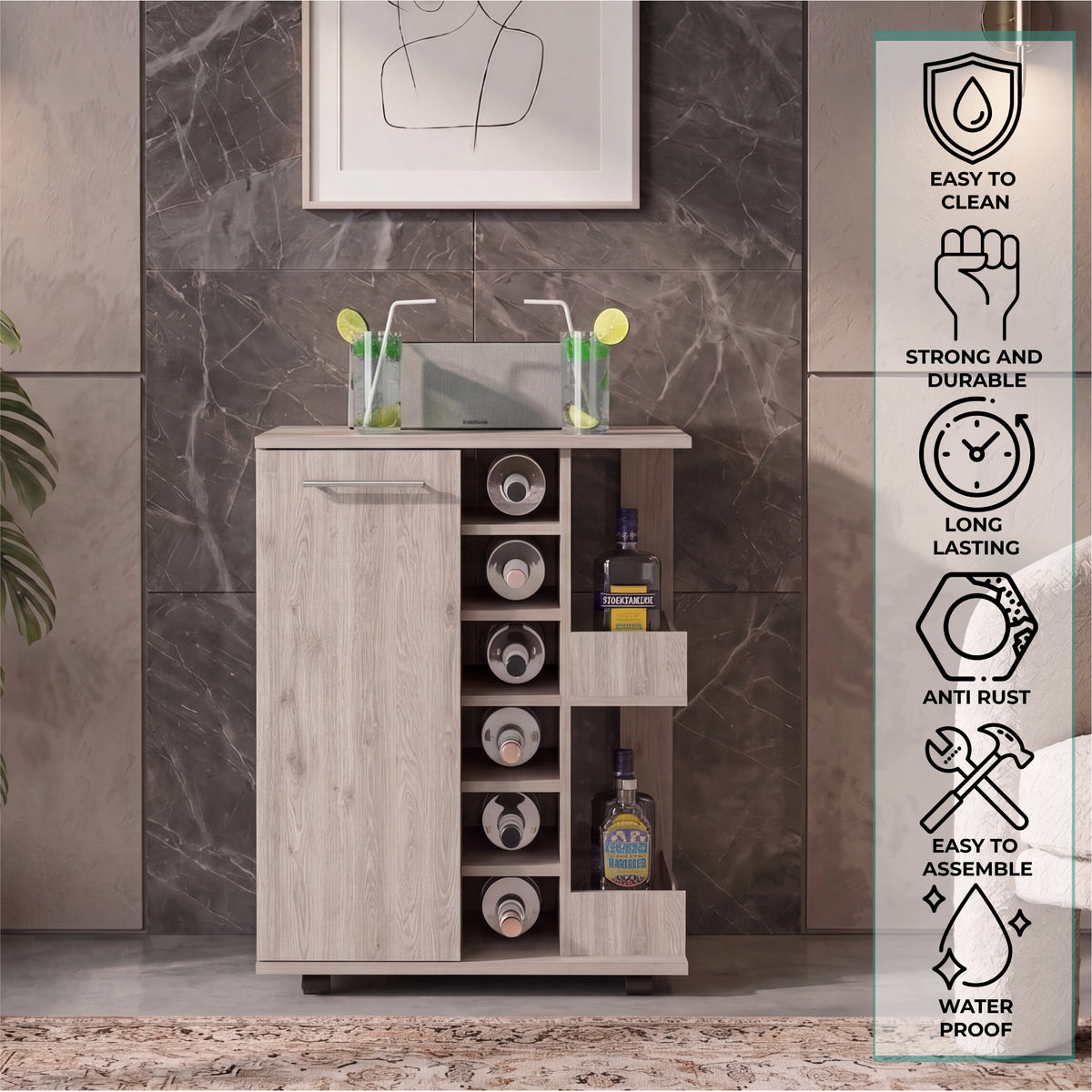 Tuhome Bar Cart with Two External Shelves, Four Casters, Six Built-In Wine Rack, Single Door Cabinet, Modern Design for Home Bar or Living Room