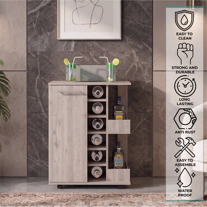 Tuhome Bar Cart with Two External Shelves, Four Casters, Six Built-In Wine Rack, Single Door Cabinet, Modern Design for Home Bar or Living Room