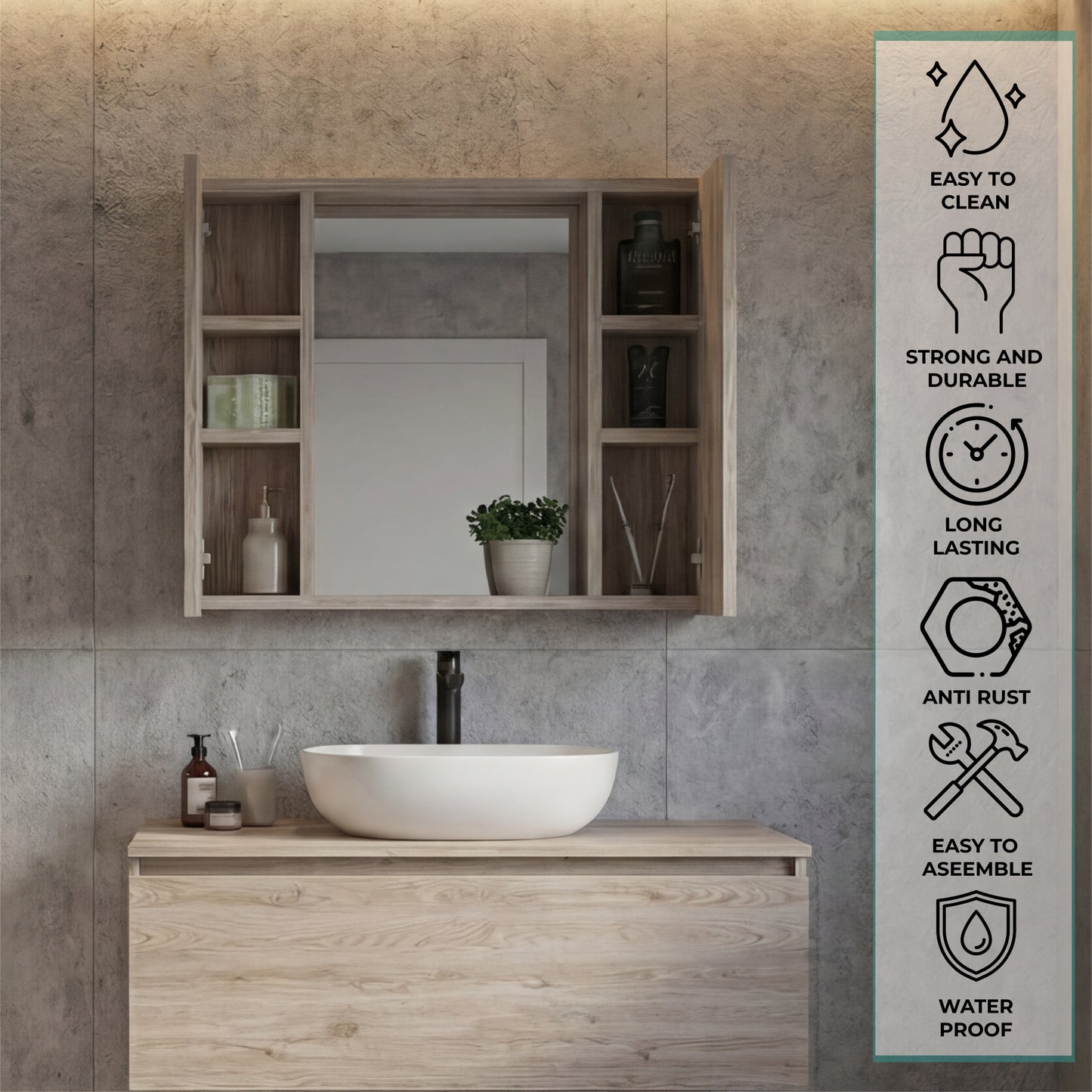 Tuhome Artemisa Medicine Cabinet with Integrated Mirror, Six Interior Storage Shelves, Secure Double-Door Design, Space-Saving Wall Cabinet for Organized Bathrooms and Daily Essentials.