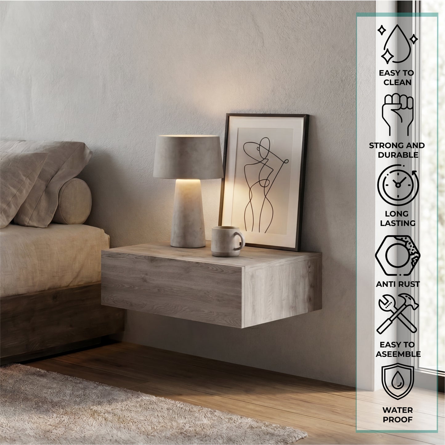 TUHOME Milano Floating Nightstand with Wall-Mounted Design, Spacious Storage Drawer and Upper Display Surface Offering Minimalist Space-Saving Organization and Durable Engineered Wood Construction for Modern Bedroom Interiors