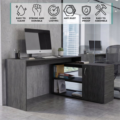 Tuhome Axis Modern L-Shaped Computer Desk with Spacious Work Surface, Open Shelving, Closed Storage Cabinet with Interior Shelves, Contemporary Corner Desk for Home Office Organization and Efficient Work-From-Home Setups