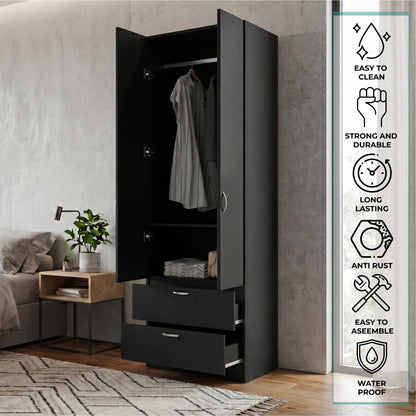 Vico 76-Inch High Armoire Wardrobe Closet with Double Door Cabinet, Two Spacious Drawers, Internal Shelf, Hanging Rod, Multi-Section Clothing Organizer for Bedroom Storage and Freestanding Clothes Organization