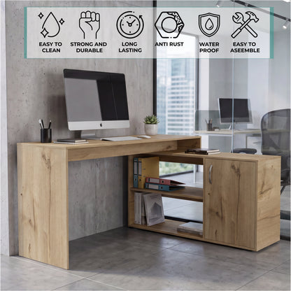 Tuhome Axis Modern L-Shaped Computer Desk with Spacious Work Surface, Open Shelving, Closed Storage Cabinet with Interior Shelves, Contemporary Corner Desk for Home Office Organization and Efficient Work-From-Home Setups