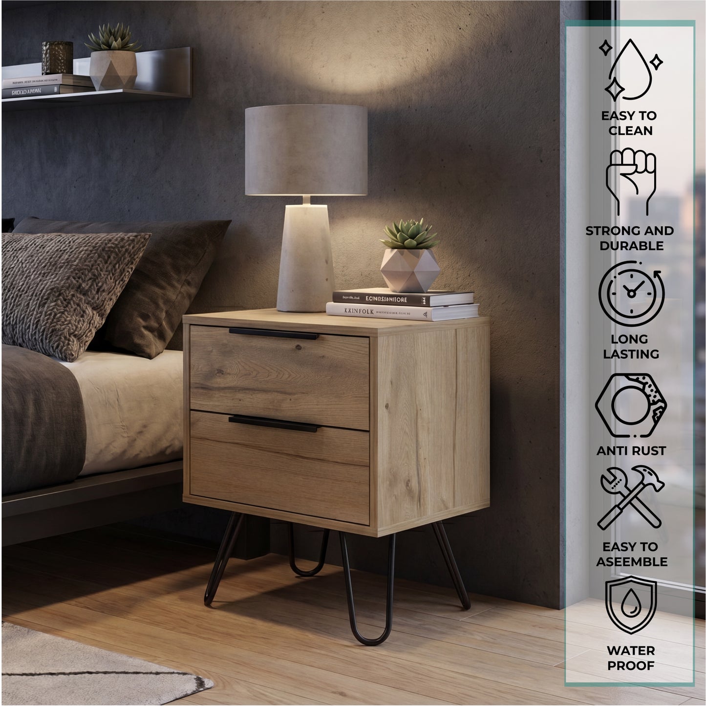 Tuhome Augusta 2 Nightstand with Two Spacious Drawers, Compact Bedroom Storage Cabinet, Modern Functional Bedside Table for Organizing Essentials, Durable Design for Small Spaces, Contemporary Nightstand Solution