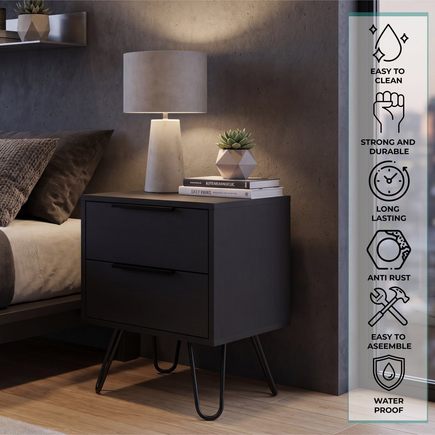 Tuhome Augusta 2 Nightstand with Two Spacious Drawers, Compact Bedroom Storage Cabinet, Modern Functional Bedside Table for Organizing Essentials, Durable Design for Small Spaces, Contemporary Nightstand Solution