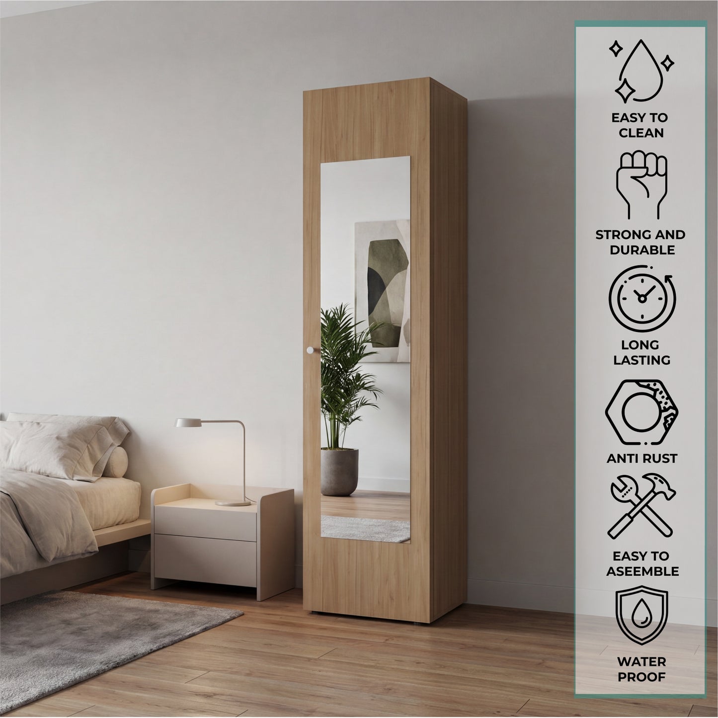 Home Linen Freestanding Tall Cabinet with Single Door with One Mirror and 4 Horizontal Storage Shelves, Cabinet for Bathroom, Bedroom or Laundry Room