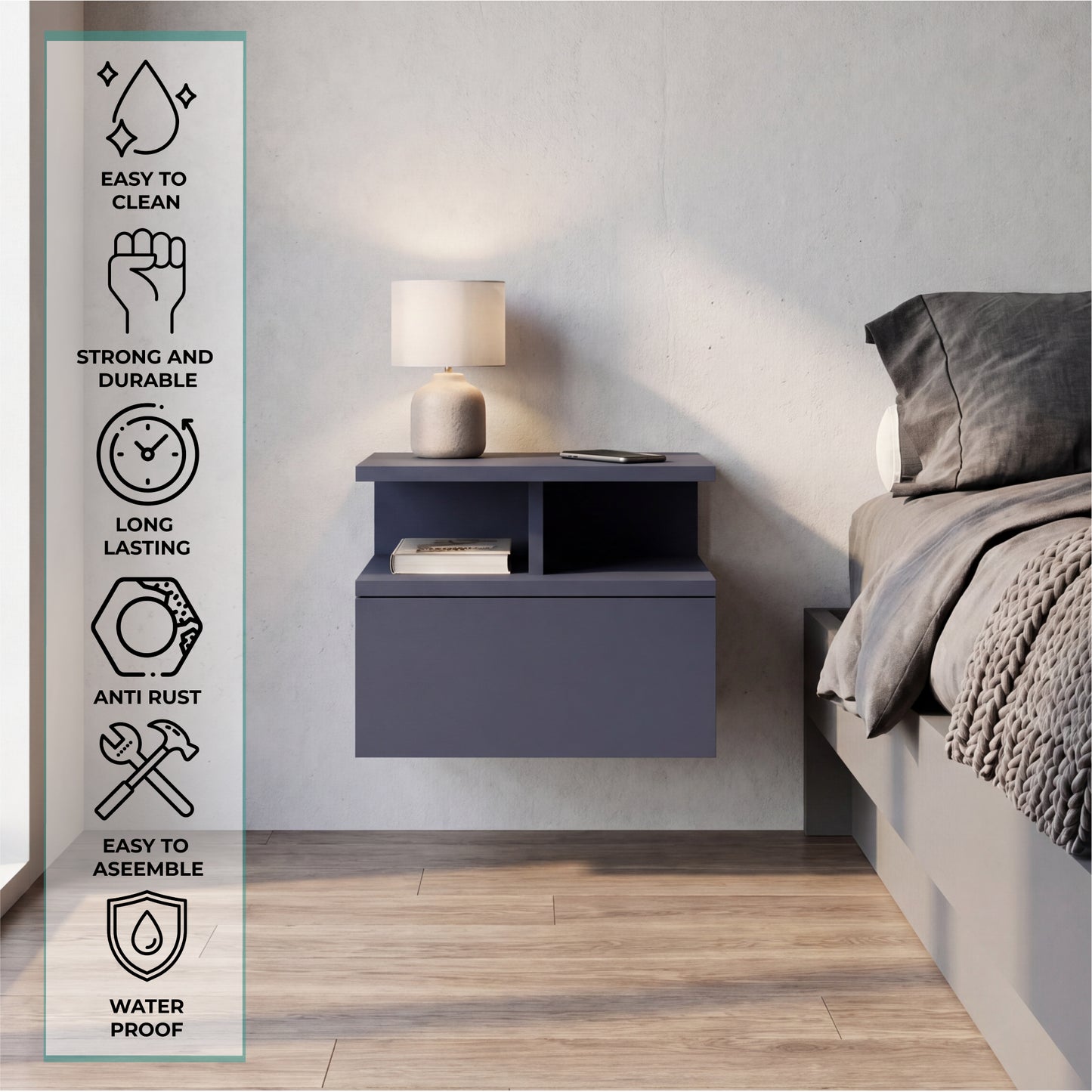 TUHOME Adele Floating Nightstand with Single Drawer and Two Lower Storage Shelves, Wall-Mounted Space-Saving Bedside Organizer for Modern Bedrooms, Compact Display and Storage Solution for Essentials and Decorative Items