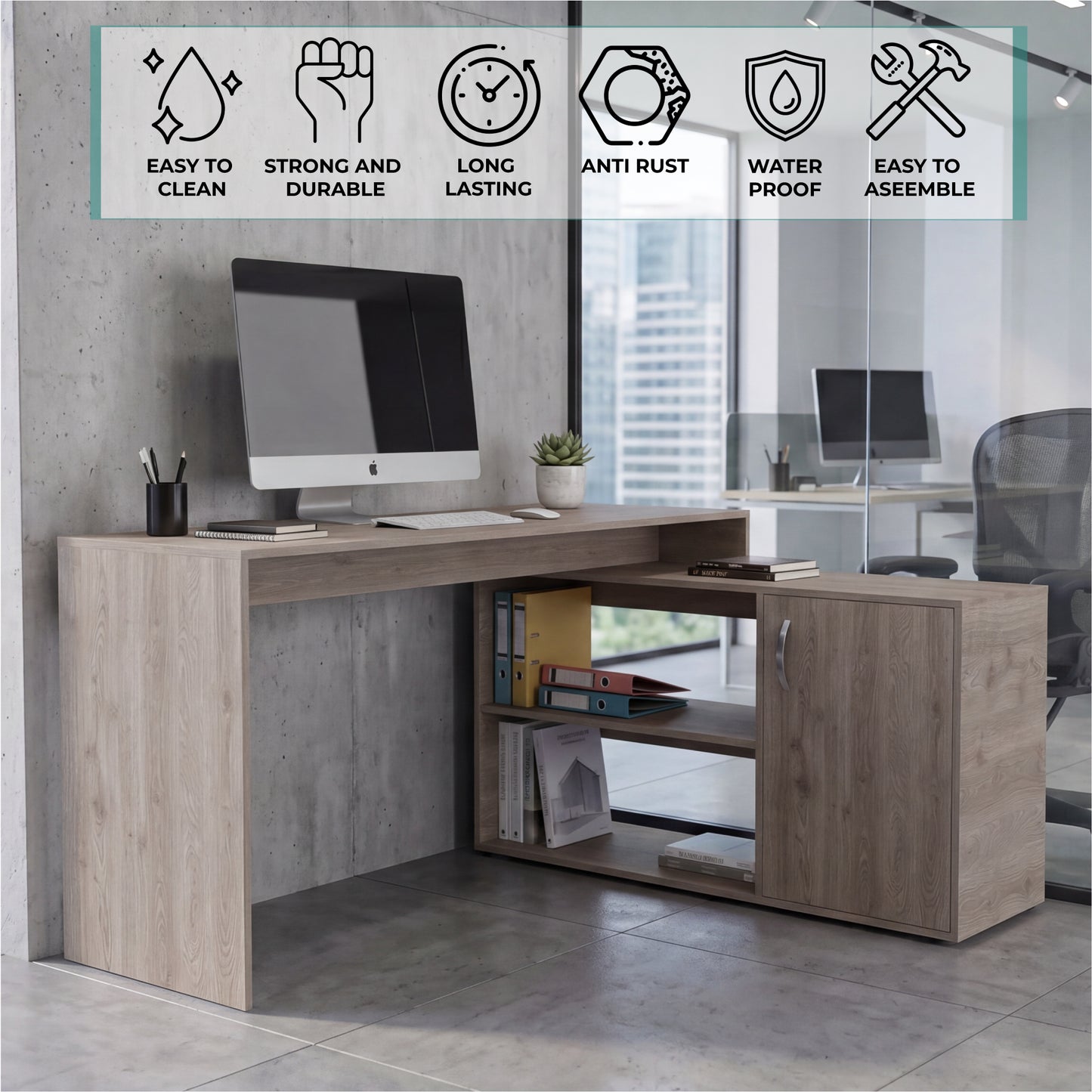Tuhome Axis Modern L-Shaped Computer Desk with Spacious Work Surface, Open Shelving, Closed Storage Cabinet with Interior Shelves, Contemporary Corner Desk for Home Office Organization and Efficient Work-From-Home Setups