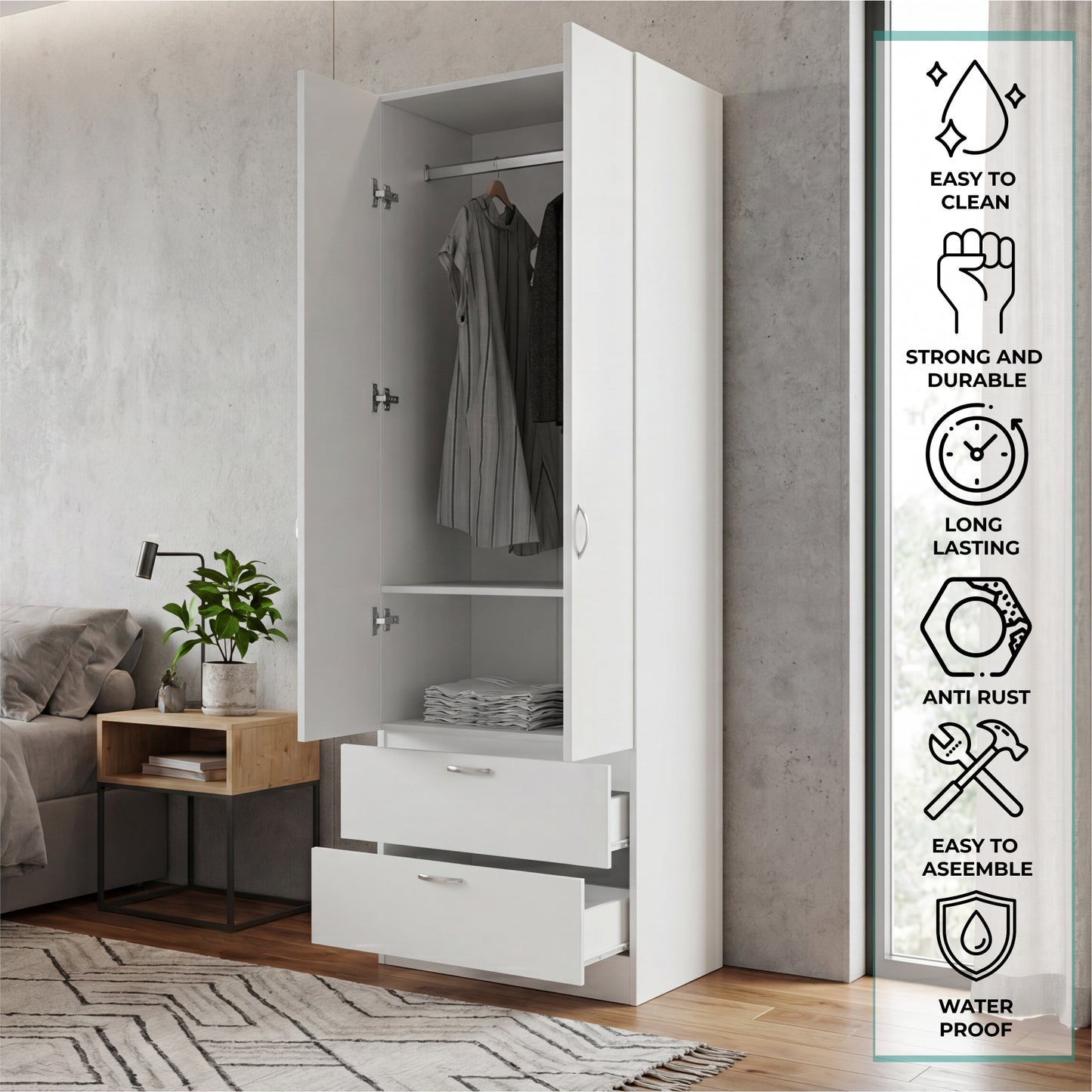 Vico 76-Inch High Armoire Wardrobe Closet with Double Door Cabinet, Two Spacious Drawers, Internal Shelf, Hanging Rod, Multi-Section Clothing Organizer for Bedroom Storage and Freestanding Clothes Organization