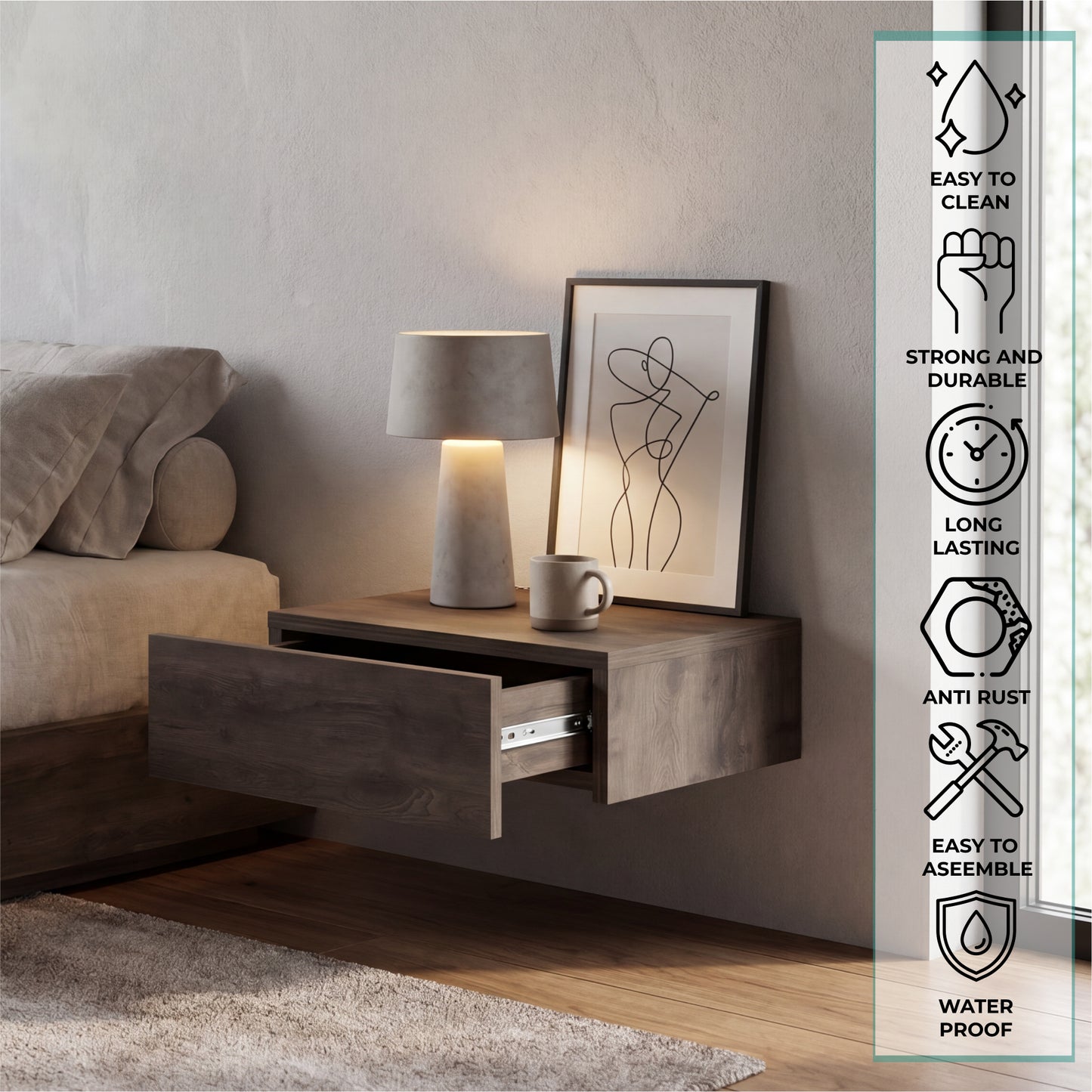 TUHOME Milano Floating Nightstand with Wall-Mounted Design, Spacious Storage Drawer and Upper Display Surface Offering Minimalist Space-Saving Organization and Durable Engineered Wood Construction for Modern Bedroom Interiors