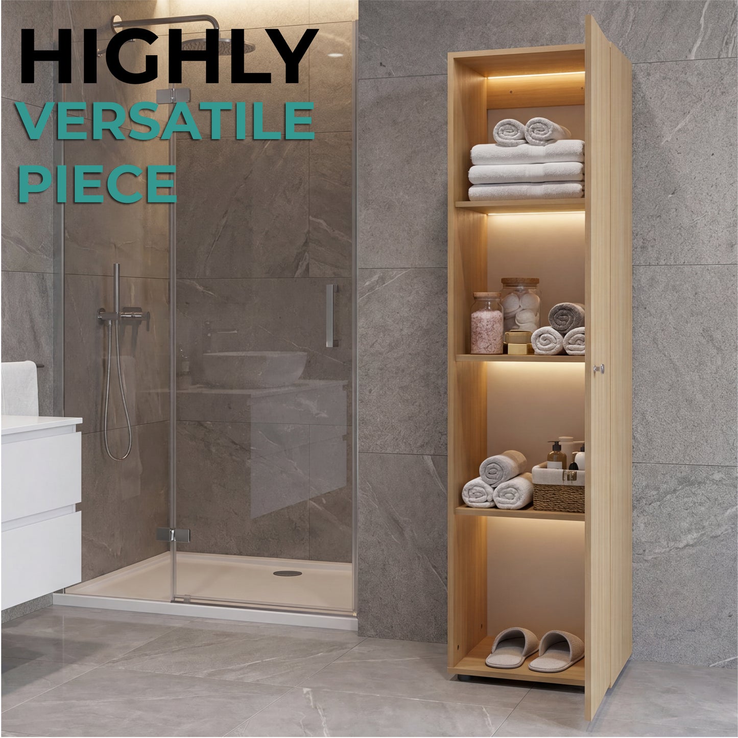 Home Linen Freestanding Tall Cabinet with Single Door with One Mirror and 4 Horizontal Storage Shelves, Cabinet for Bathroom, Bedroom or Laundry Room