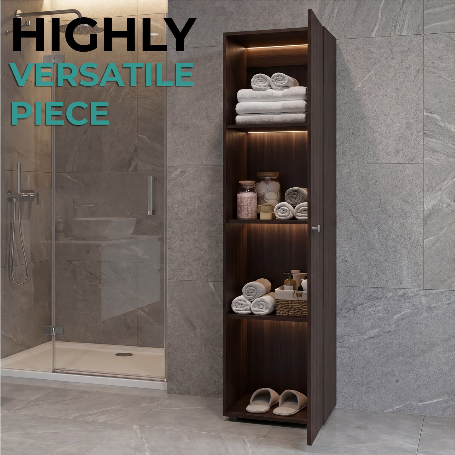 Home Linen Freestanding Tall Cabinet with Single Door with One Mirror and 4 Horizontal Storage Shelves, Cabinet for Bathroom, Bedroom or Laundry Room