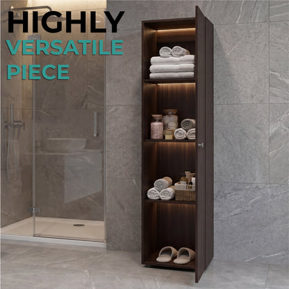 Home Linen Freestanding Tall Cabinet with Single Door with One Mirror and 4 Horizontal Storage Shelves, Cabinet for Bathroom, Bedroom or Laundry Room