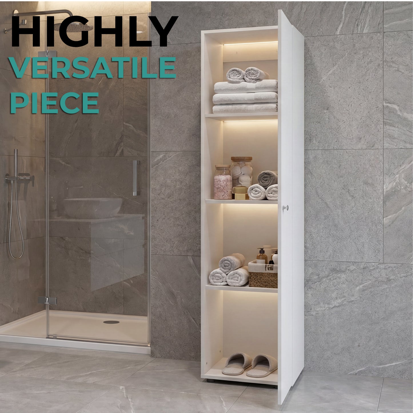 Home Linen Freestanding Tall Cabinet with Single Door with One Mirror and 4 Horizontal Storage Shelves, Cabinet for Bathroom, Bedroom or Laundry Room