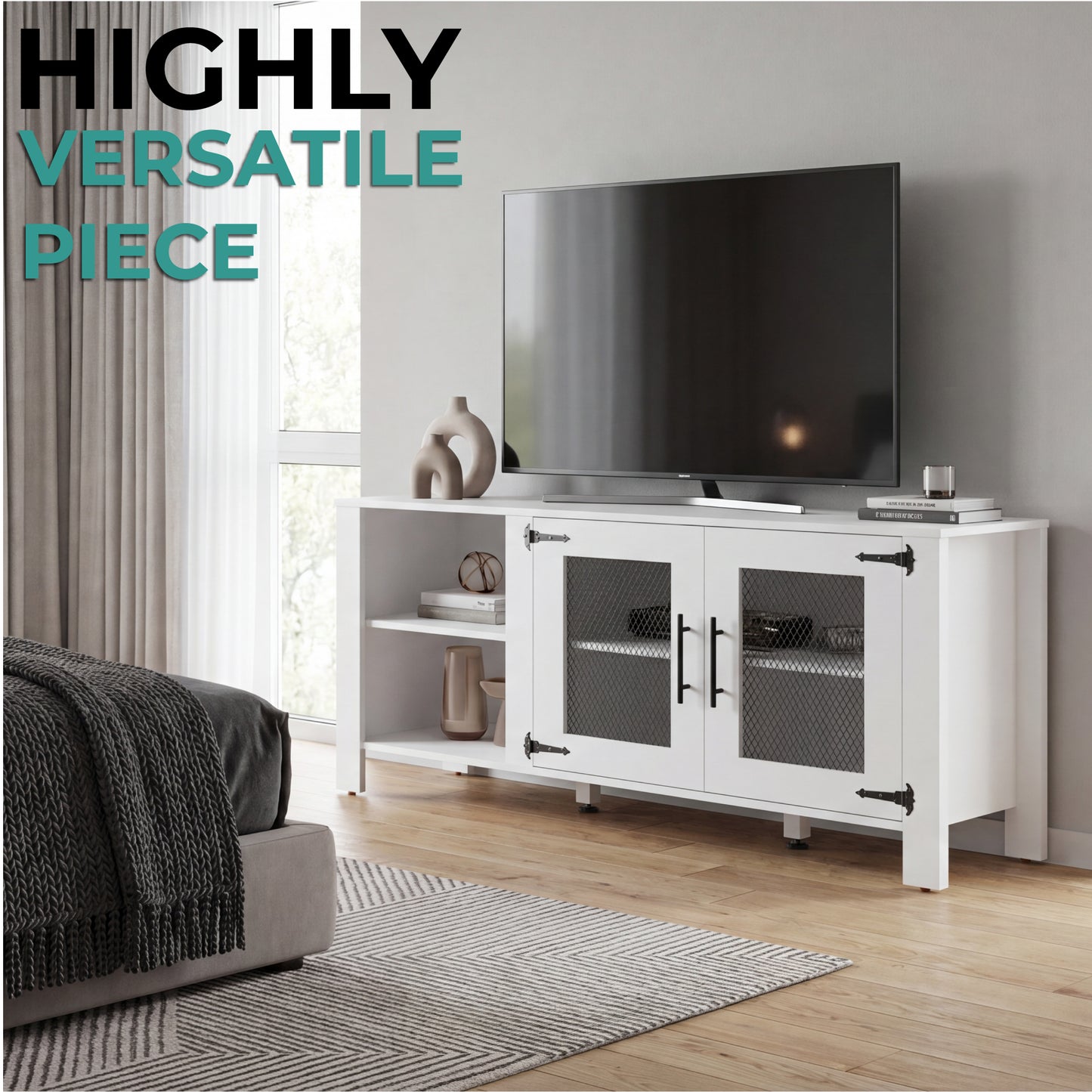 Freedom 65" TV Stand with 5 Open Shelves, 2 Doors, Modern Media Console for Living Room Entertainment Storage