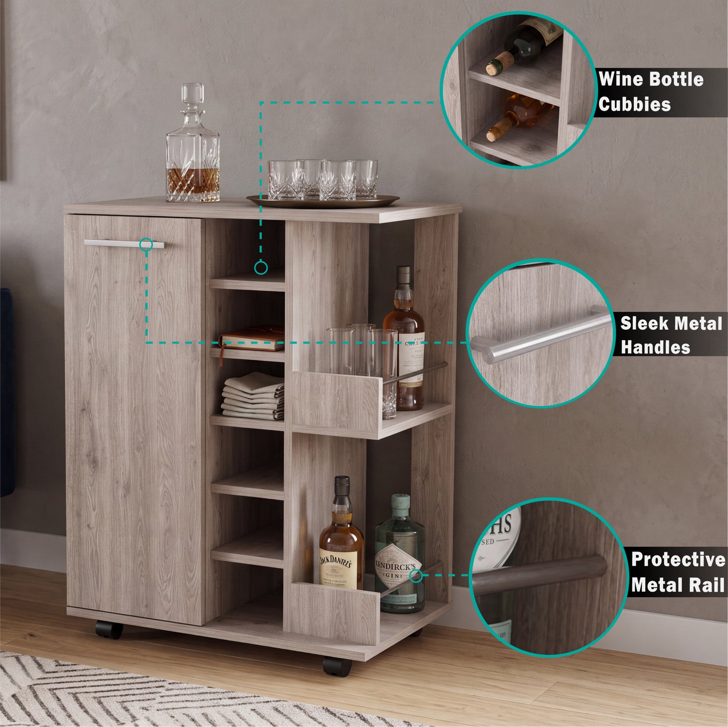 Tuhome Bar Cart with Two External Shelves, Four Casters, Six Built-In Wine Rack, Single Door Cabinet, Modern Design for Home Bar or Living Room