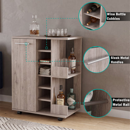 Tuhome Bar Cart with Two External Shelves, Four Casters, Six Built-In Wine Rack, Single Door Cabinet, Modern Design for Home Bar or Living Room