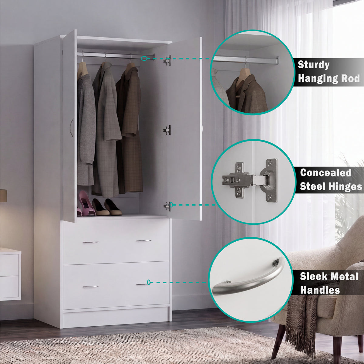 Taly 2-Door Armoire with Two Drawers and Hanging Rod, Spacious Wardrobe Storage Cabinet for Clothing, Accessories and Daily Essentials, Functional Vertical Closet Organizer for Bedrooms and Dressing Spaces